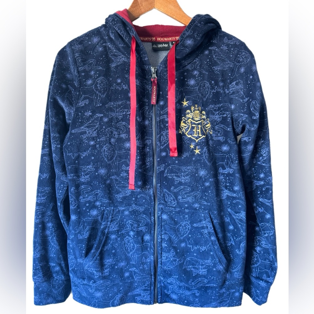 EMP Harry Potter Navy Velvet Zip Up Hooded Sweatshirt Embroidery Crest Sz Small